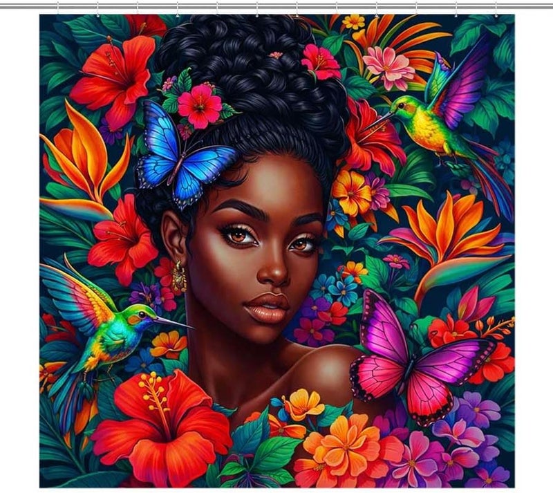 Vibrant Portrait of a Woman Amidst Flowers and BirdsShower Curtain for Bathroom Waterproof Tan Shower Curtain with Hooks 71 inch x 71 inch - Image 1