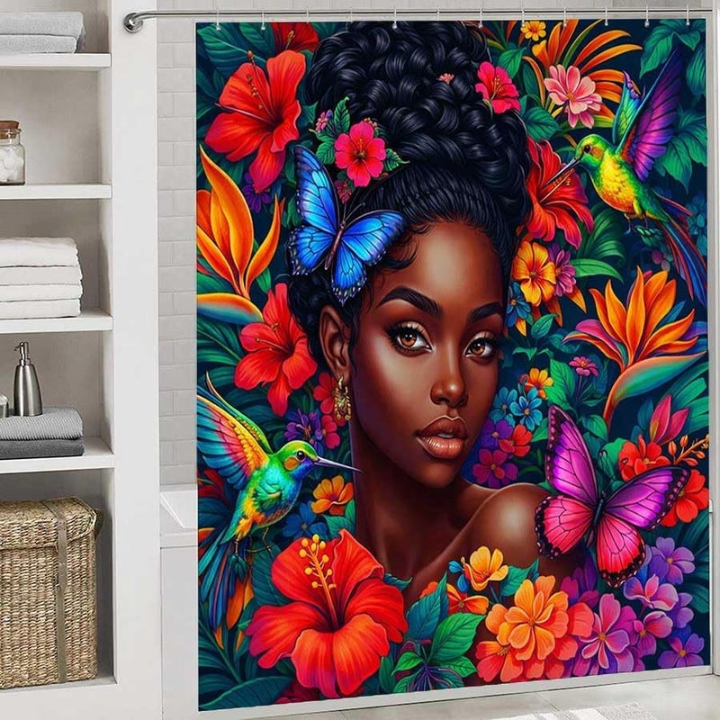 Vibrant Portrait of a Woman Amidst Flowers and BirdsShower Curtain for Bathroom Waterproof Tan Shower Curtain with Hooks 71 inch x 71 inch - Image 2