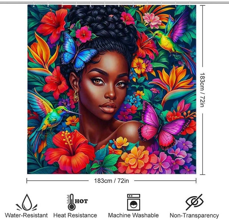 Vibrant Portrait of a Woman Amidst Flowers and BirdsShower Curtain for Bathroom Waterproof Tan Shower Curtain with Hooks 71 inch x 71 inch - Image 3