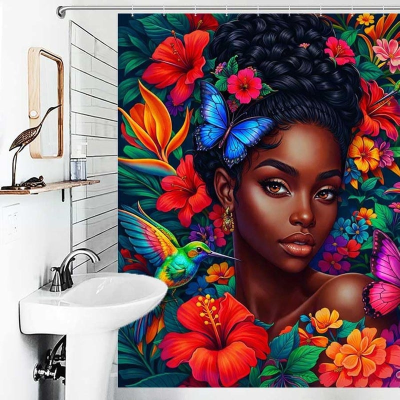 Vibrant Portrait of a Woman Amidst Flowers and BirdsShower Curtain for Bathroom Waterproof Tan Shower Curtain with Hooks 71 inch x 71 inch - Image 4