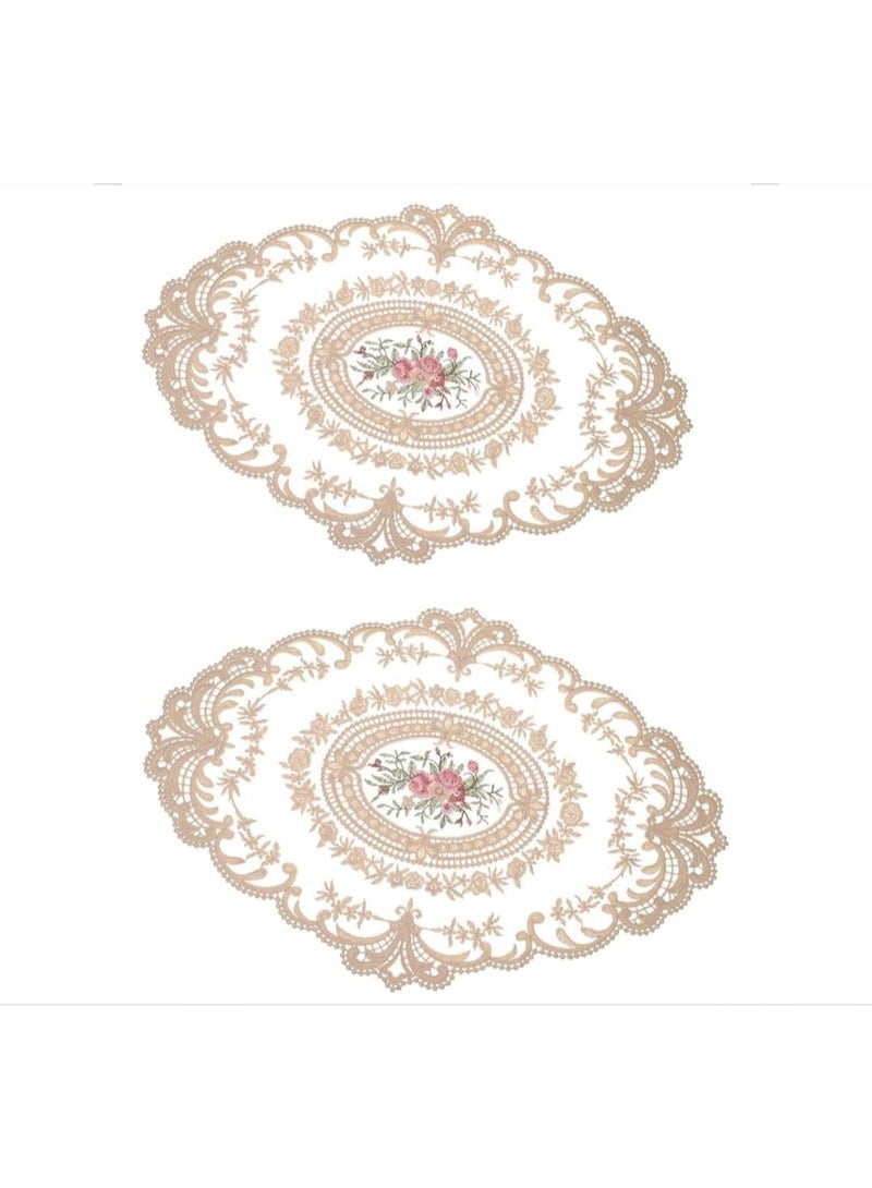 عبوتان من مفارش المائدة المصنوعة من الدانتيل الفرنسي الكلاسيكي، مفرش أنيق مطرز للأكواب والمزهريات، مقاس 43 × 32 سم، لون بيج - Image 1