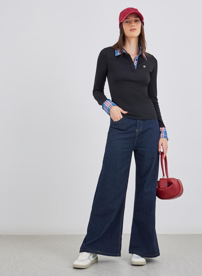 Styli Checked Contrast Collar Long Sleeve Knit Top - Image 2