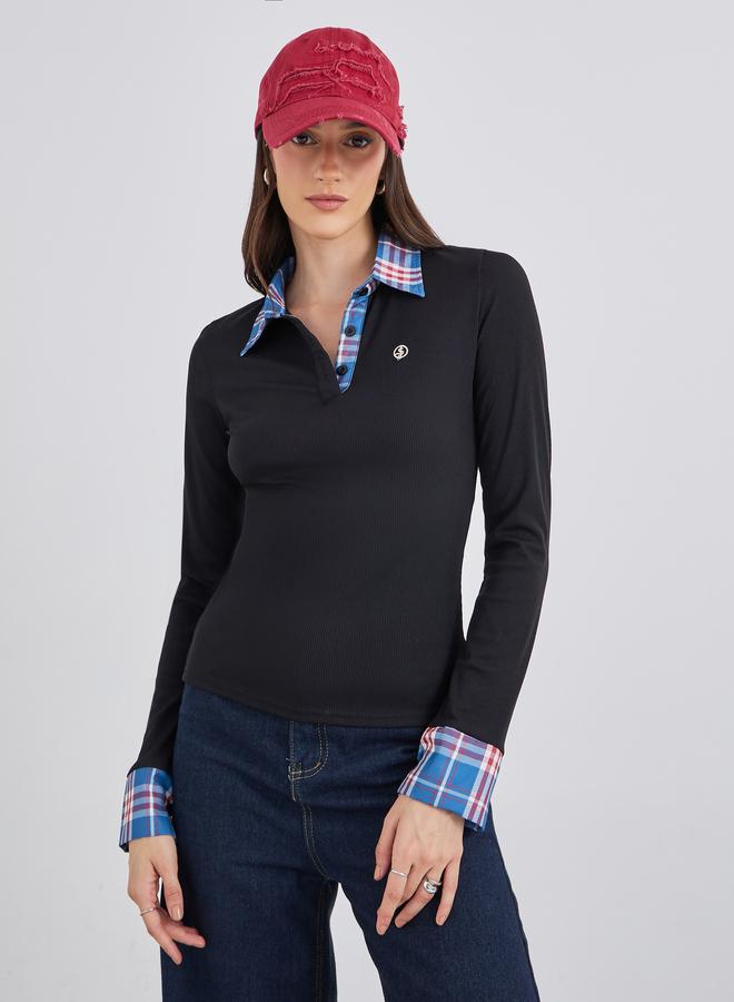 Styli Checked Contrast Collar Long Sleeve Knit Top - Image 3