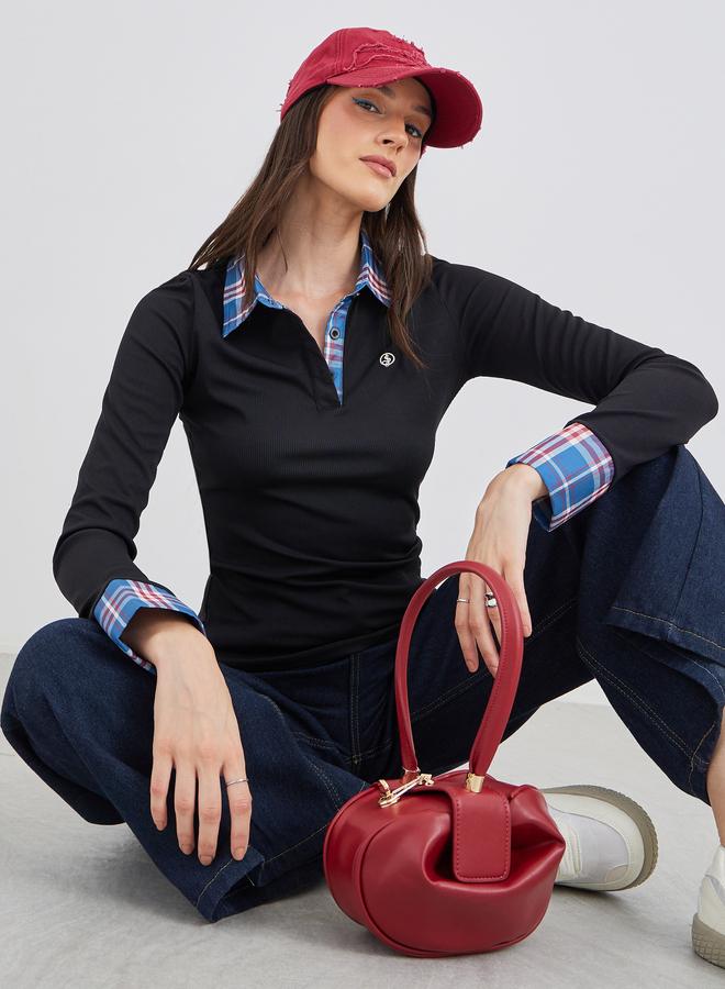 Styli Checked Contrast Collar Long Sleeve Knit Top - Image 1