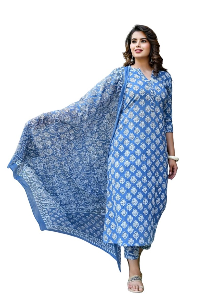 LookMark Women's Trendy Printed Cotton Blend Straight Kurta Pant Dupatta Set ||AZ-LM-OG-KS2087-2XL Blue - Image 1