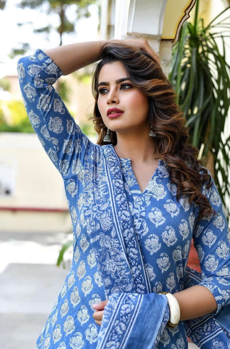 LookMark Women's Trendy Printed Cotton Blend Straight Kurta Pant Dupatta Set ||AZ-LM-OG-KS2087-2XL Blue - Image 5