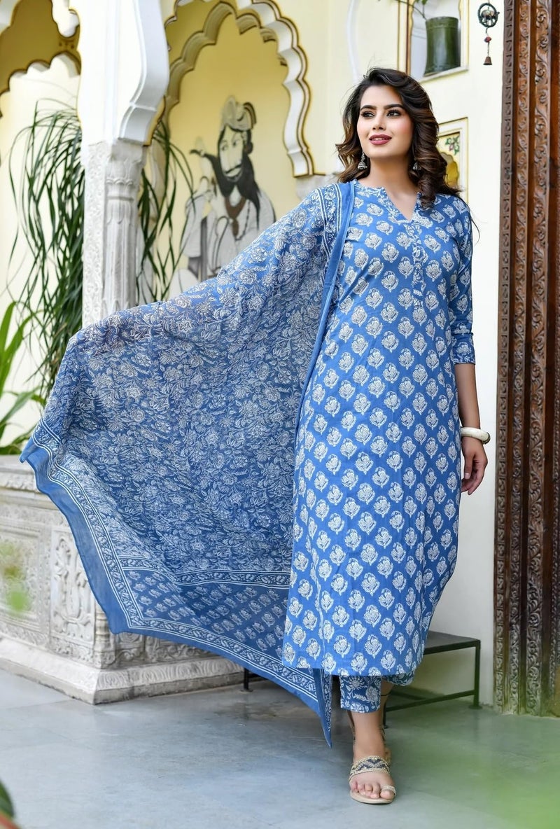 LookMark Women's Trendy Printed Cotton Blend Straight Kurta Pant Dupatta Set ||AZ-LM-OG-KS2087-2XL Blue - Image 2