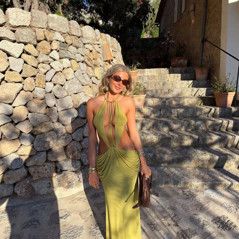 Women's Bohemian Halter Beaded Drawstring Midi Dress - Image 4