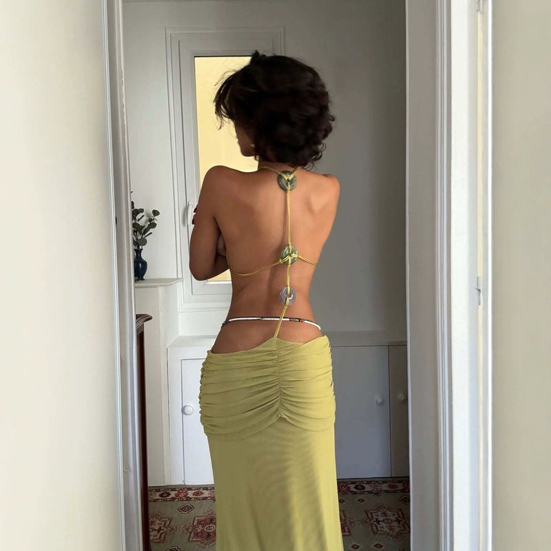 Women's Bohemian Halter Beaded Drawstring Midi Dress - Image 2