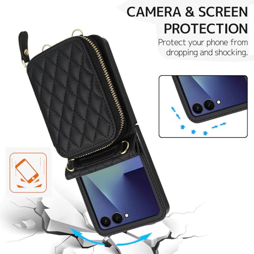 NINKI Hand Strap for Samsung Galaxy Z Flip 7 Case Wallet with Card Holder, Cute Shockproof Leather Detachable Cross-body Lanyard for Samsung Z Flip 7 Case Purse,Galaxy Z Flip 7 Cover Women Girls Black - Image 5