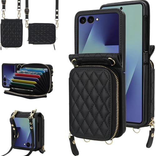 NINKI Hand Strap for Samsung Galaxy Z Flip 7 Case Wallet with Card Holder, Cute Shockproof Leather Detachable Cross-body Lanyard for Samsung Z Flip 7 Case Purse,Galaxy Z Flip 7 Cover Women Girls Black - Image 1