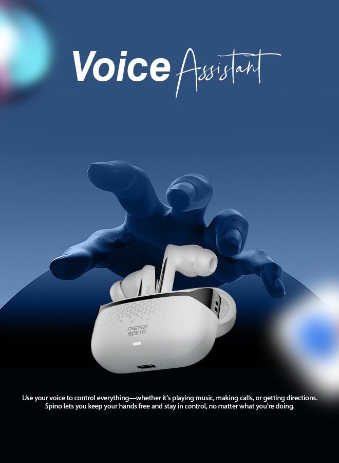 Faster Spino Wireless Earbuds- Bluetooth 5.4+EDR with ENC Noise Cancelling Ear Buds 10mm Drivers Smart Touch Control 5H Playtime 150H Standby- Type-C Fast Charging Low Latency Voice Assistant, Polar White - Image 2