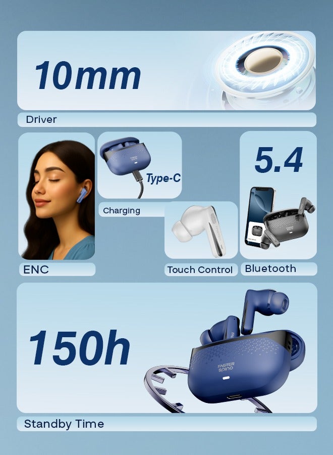 Faster Spino Wireless Earbuds- Bluetooth 5.4+EDR with ENC Noise Cancelling Ear Buds 10mm Drivers Smart Touch Control 5H Playtime 150H Standby- Type-C Fast Charging Low Latency Voice Assistant, Polar White - Image 4
