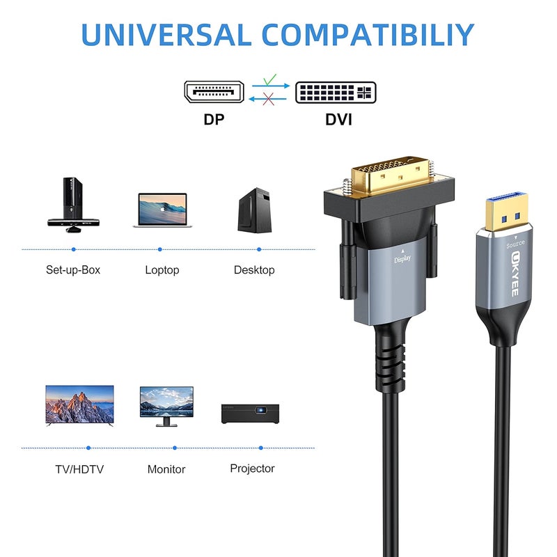 UKYEE DisplayPort to DVI Cable 6ft 2-Pack, Male to Male High Speed Gold-Plated DP to DVI Converter Compatible With PC, Laptop, HDTV, Projector, Monitor - Image 3