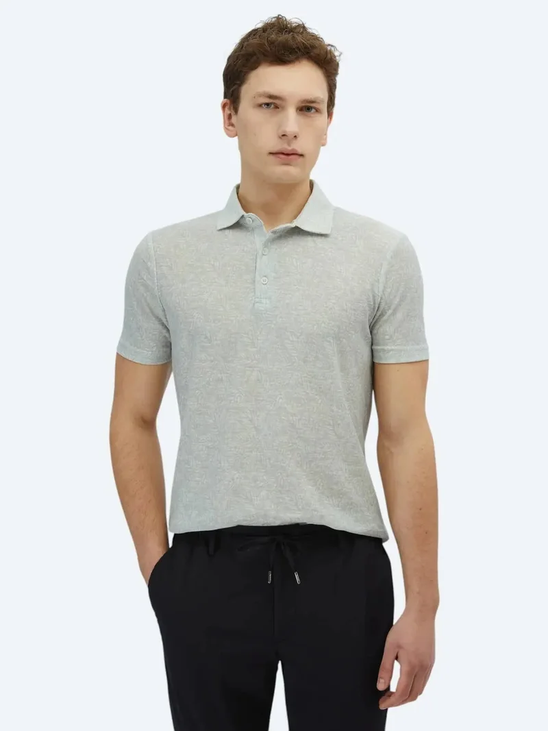 كيب تيشيرت قطني مخلوط بياقة بولو رمادي فاتح بنقوش