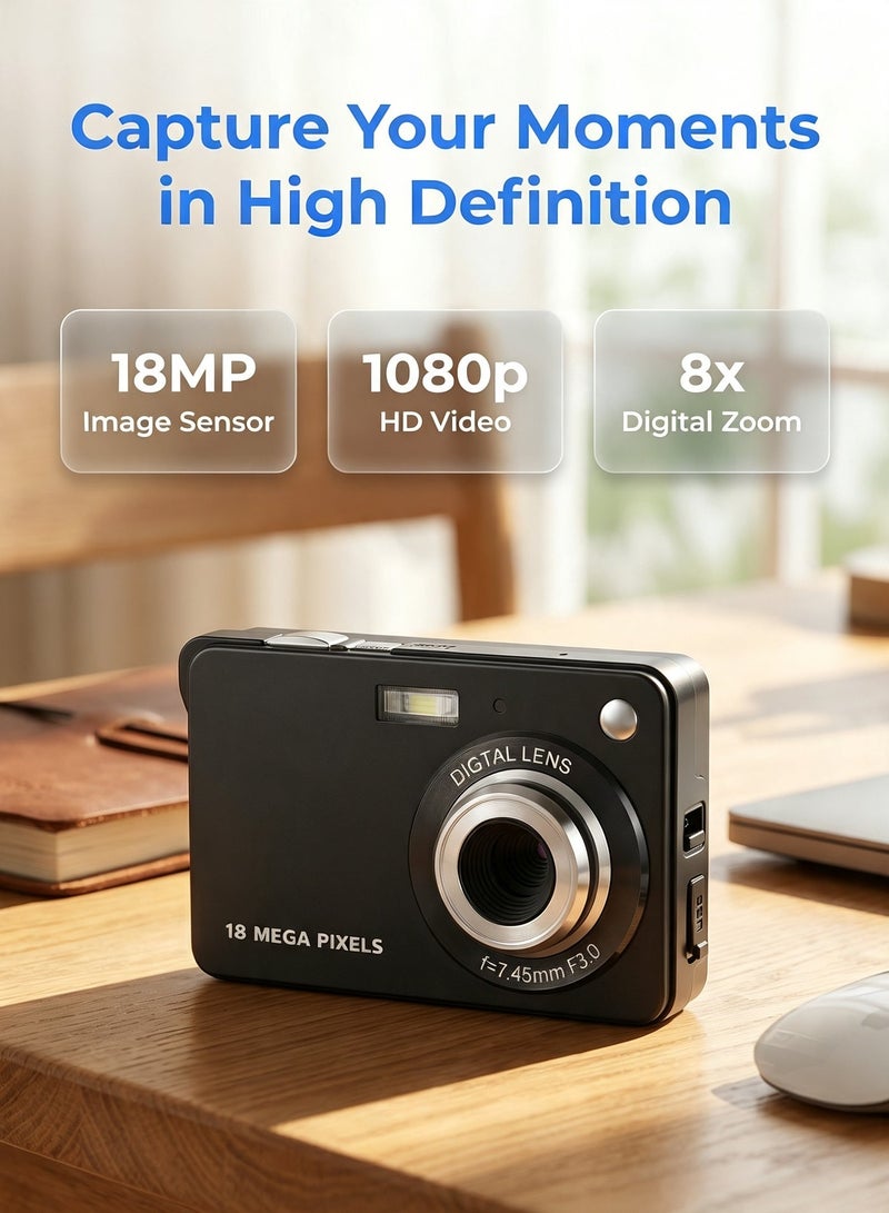 كاميرا رقمية محمولة 1080P بدقة 18 ميجابكسل، تقريب رقمي 8X مع مانع اهتزاز، شاشة TFT مقاس 2.7 بوصة، بطارية ليثيوم قابلة لإعادة الشحن، مع حقيبة حمل وكابل USB، للأطفال والمراهقين - Image 1