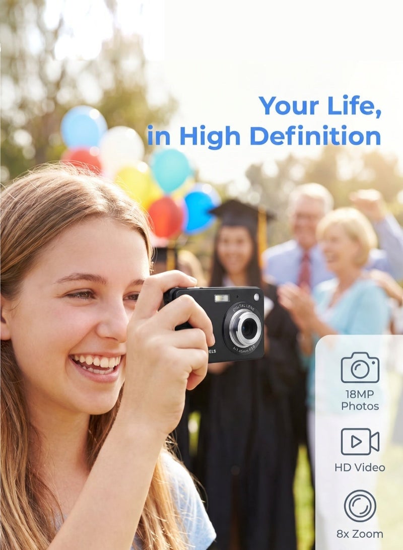كاميرا رقمية محمولة 1080P بدقة 18 ميجابكسل، تقريب رقمي 8X مع مانع اهتزاز، شاشة TFT مقاس 2.7 بوصة، بطارية ليثيوم قابلة لإعادة الشحن، مع حقيبة حمل وكابل USB، للأطفال والمراهقين - Image 2