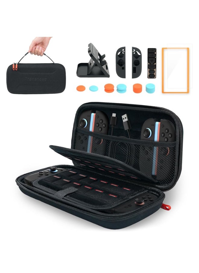 Travel Carrying Case Compatible with Nintendo Switch 2 (2025) with 24-Card Slot, 16-in-1 Switch 2 Accessories Kit with ScreenProtector, Joycons Key Caps, Foldable Stand & Dust Stopper