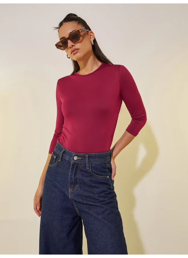 تايك تو Take Two Solid Round Neck Fitted Top