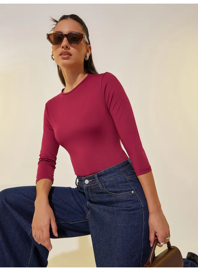 تايك تو Take Two Solid Round Neck Fitted Top