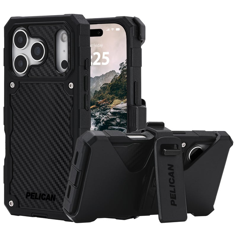 Pelican Shield iPhone 17 Pro Case [Compatible with MagSafe] Rugged Phone Case w/ 21ft Military-Grade Drop Protection - Heavy Duty Phone Cover w/Belt Clip Holster for iPhone 17 Pro - Carbon - Image 1