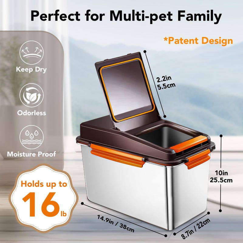 Newget Dog Food Storage Container Stainless Steel with Scoop, 16-lb/11-lb Airtight Metal Pet Food Storage Bin, Cat Food Container for Dry Dog, Cat Food, Bird Seed, Keep Food Fresh, Brown - Image 2