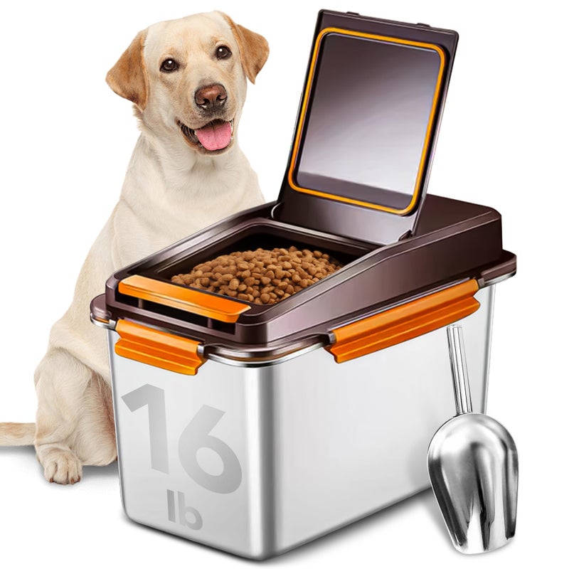 Newget Dog Food Storage Container Stainless Steel with Scoop, 16-lb/11-lb Airtight Metal Pet Food Storage Bin, Cat Food Container for Dry Dog, Cat Food, Bird Seed, Keep Food Fresh, Brown - Image 1