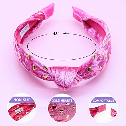 FROG SAC Heart Headband for Girls - Pink Top Knot Headbands for Kids, Cute Stud Knotted Head Bands for Toddlers, Little Girl Velvet Hair Accessories, Valentines Fashion Hair Band for Children - Image 4