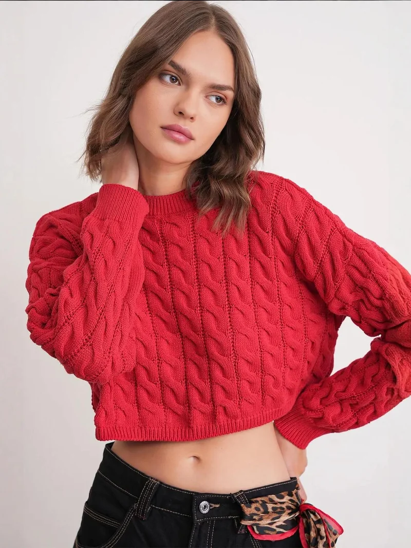MixRay Mixray Cable Knit Pattern Crew Neck Sweater