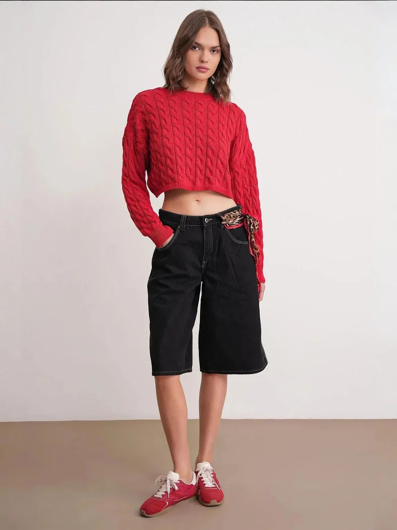 MixRay Mixray Cable Knit Pattern Crew Neck Sweater