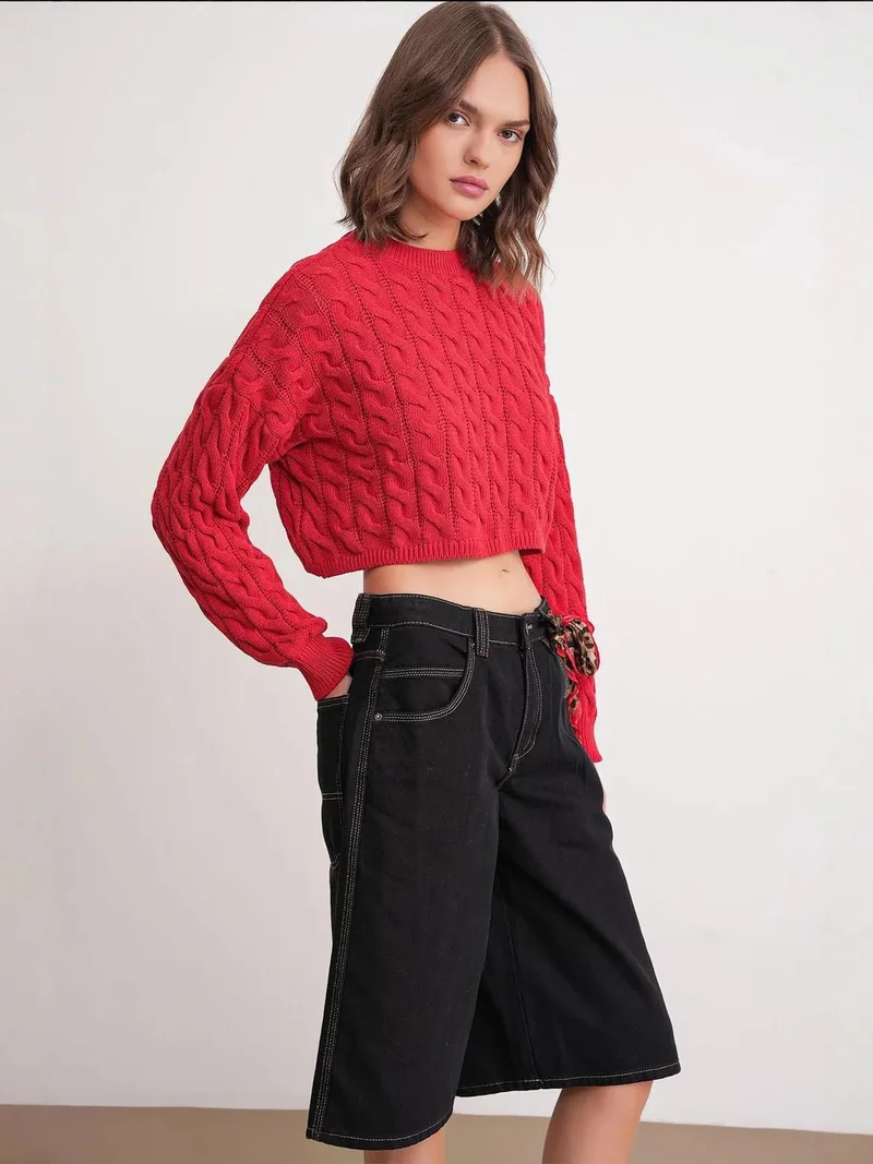 Mixray Red Mixray Cable Knit Pattern Crew Neck Sweater for Women | Best Price UAE