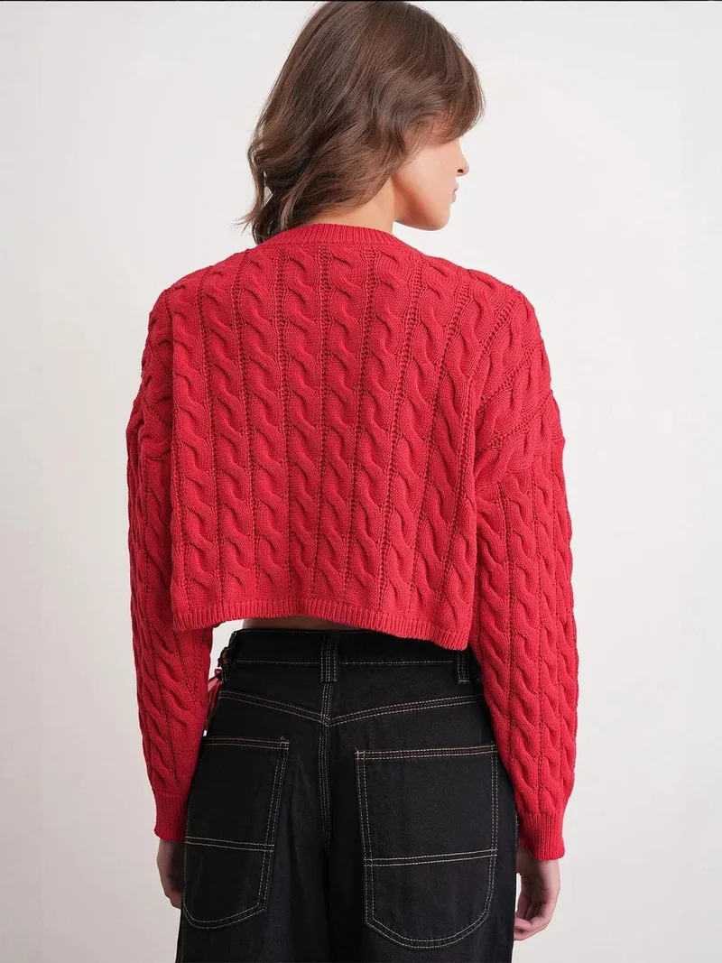Mixray Red Mixray Cable Knit Pattern Crew Neck Sweater for Women | Best Price UAE
