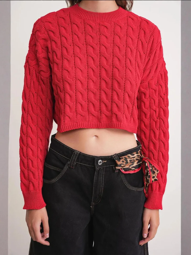 Mixray Red Mixray Cable Knit Pattern Crew Neck Sweater for Women | Best Price UAE