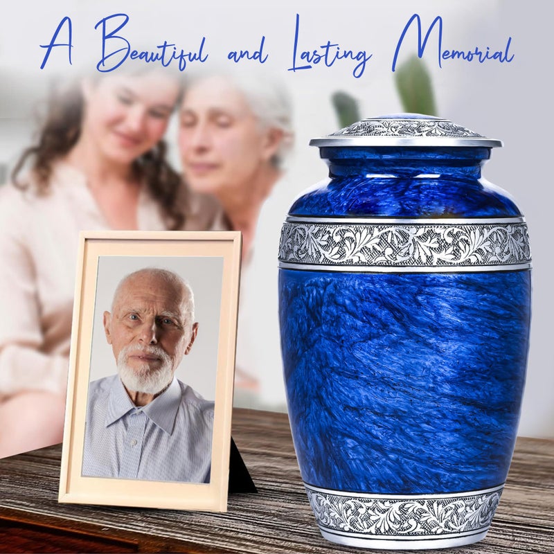 LIFAG Hand-Engraved Blue Urn for Ashes Adult Male & Female with Velvet Bag & Medallion | Blue Marble Finish Metal Cremation Urns for Human Ashes Adult Man | Elegant Burial & Funeral Urn, Large, 220lbs - Image 4