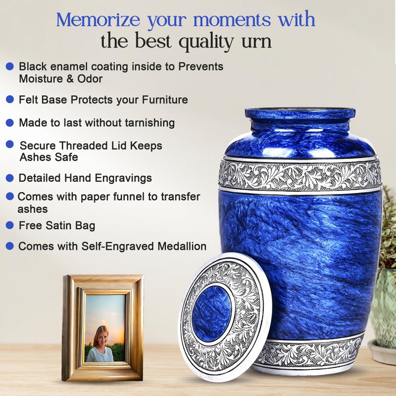 LIFAG Hand-Engraved Blue Urn for Ashes Adult Male & Female with Velvet Bag & Medallion | Blue Marble Finish Metal Cremation Urns for Human Ashes Adult Man | Elegant Burial & Funeral Urn, Large, 220lbs - Image 3