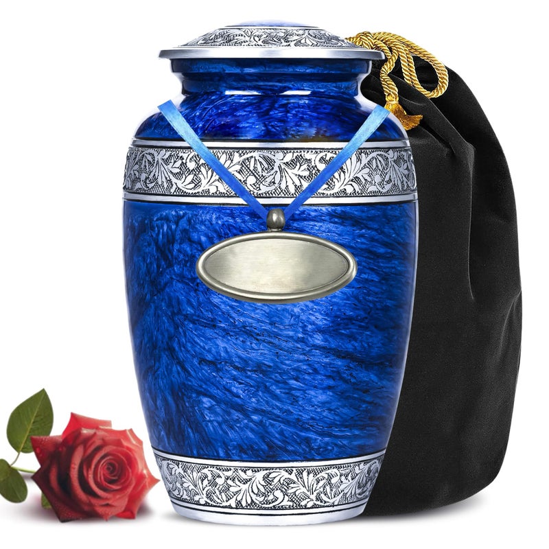 LIFAG Hand-Engraved Blue Urn for Ashes Adult Male & Female with Velvet Bag & Medallion | Blue Marble Finish Metal Cremation Urns for Human Ashes Adult Man | Elegant Burial & Funeral Urn, Large, 220lbs - Image 1