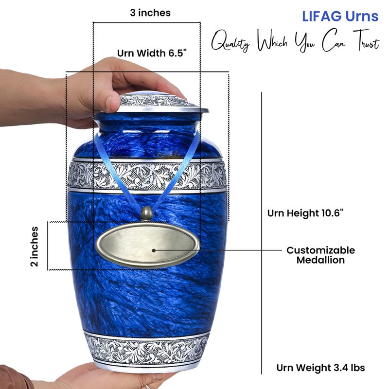 LIFAG Hand-Engraved Blue Urn for Ashes Adult Male & Female with Velvet Bag & Medallion | Blue Marble Finish Metal Cremation Urns for Human Ashes Adult Man | Elegant Burial & Funeral Urn, Large, 220lbs - Image 2
