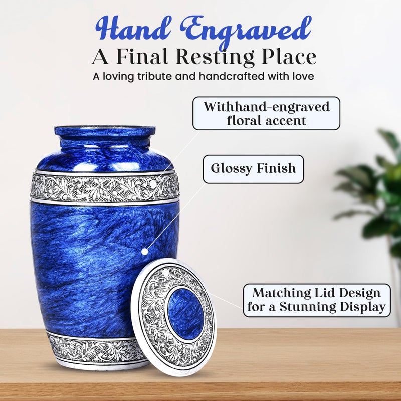 LIFAG Hand-Engraved Blue Urn for Ashes Adult Male & Female with Velvet Bag & Medallion | Blue Marble Finish Metal Cremation Urns for Human Ashes Adult Man | Elegant Burial & Funeral Urn, Large, 220lbs - Image 5