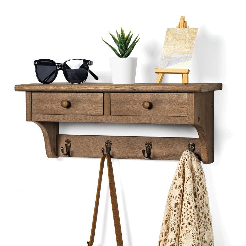 Emfogo Coat Hooks Mounted, Rustic Wood Coat Rack Mount Shelf with Hooks, Farmhouse Coat Rack with Shelf & Coat Hook for Entryway, Mudroom, Bedroom, Kitchen, Bathroom(Walnut) - Image 2