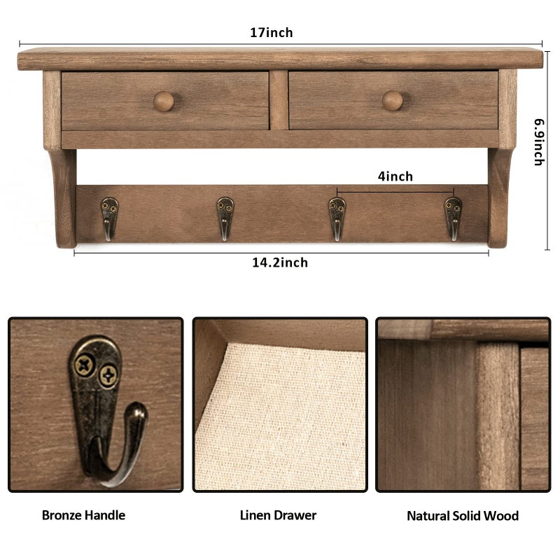 Emfogo Coat Hooks Mounted, Rustic Wood Coat Rack Mount Shelf with Hooks, Farmhouse Coat Rack with Shelf & Coat Hook for Entryway, Mudroom, Bedroom, Kitchen, Bathroom(Walnut) - Image 5