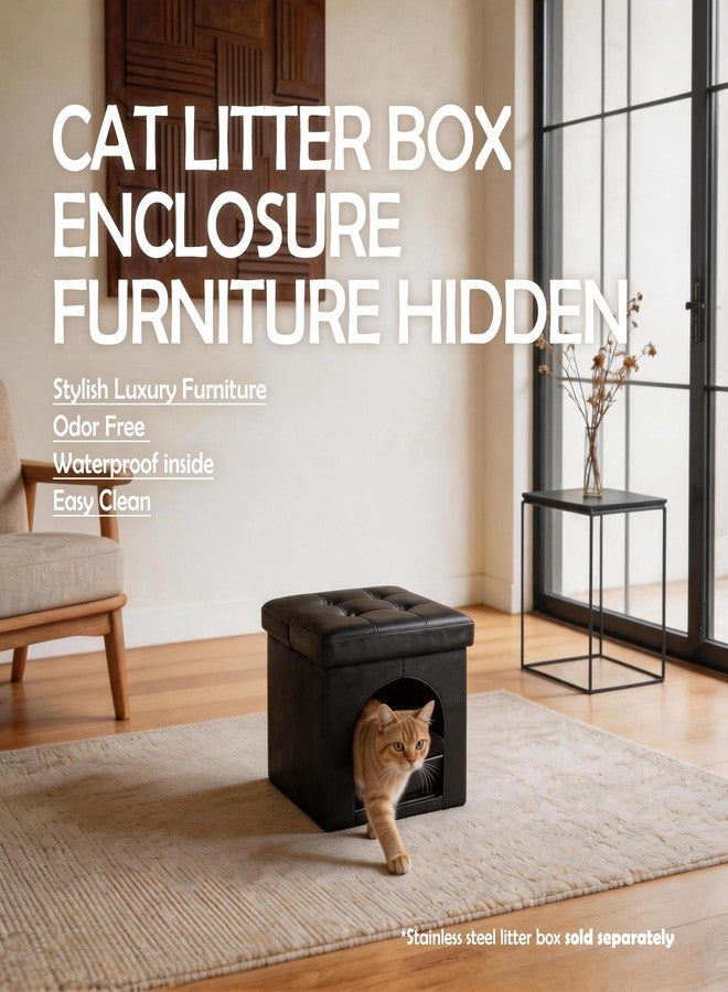 MEEXPAWS Cat Litter Box Enclosure Furniture Hidden,Small Foldable Cat Washroom Bench Cabinet & Removable Waterproof Liner & Storage Divider, Odor Control & Dog Proof, 18.9'' x 15'' x 15'', Black - Image 2