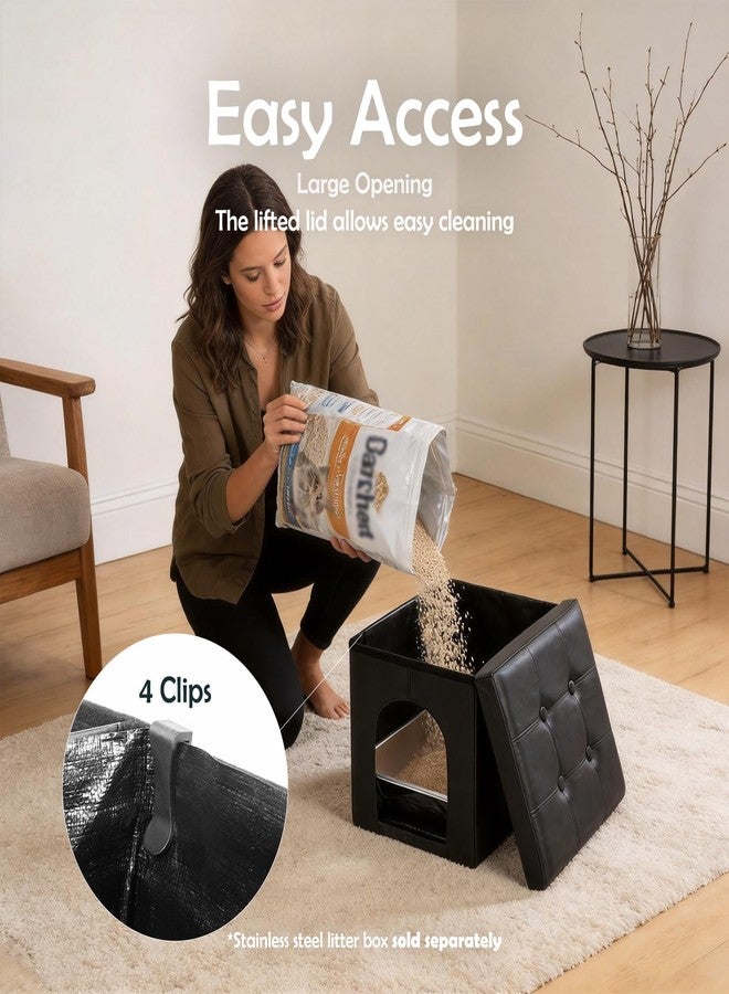 MEEXPAWS Cat Litter Box Enclosure Furniture Hidden,Small Foldable Cat Washroom Bench Cabinet & Removable Waterproof Liner & Storage Divider, Odor Control & Dog Proof, 18.9'' x 15'' x 15'', Black - Image 3