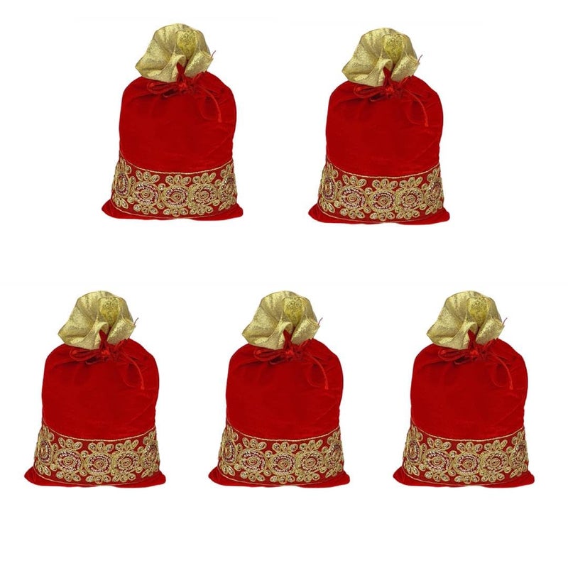 حقائب بوتلي حمراء من المخمل 5 قطع بتصميم دانتيل ذهبي ثقيل | كيس هدايا بسحاب لحفلات الزفاف، هدايا العودة، المهرجانات، شاجون، بوجا، مجوهرات، مهدى، فواكه جافة - مظهر تقليدي عرقي - Image 1