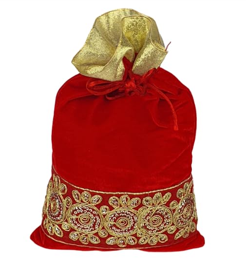 حقائب بوتلي حمراء من المخمل 5 قطع بتصميم دانتيل ذهبي ثقيل | كيس هدايا بسحاب لحفلات الزفاف، هدايا العودة، المهرجانات، شاجون، بوجا، مجوهرات، مهدى، فواكه جافة - مظهر تقليدي عرقي - Image 2