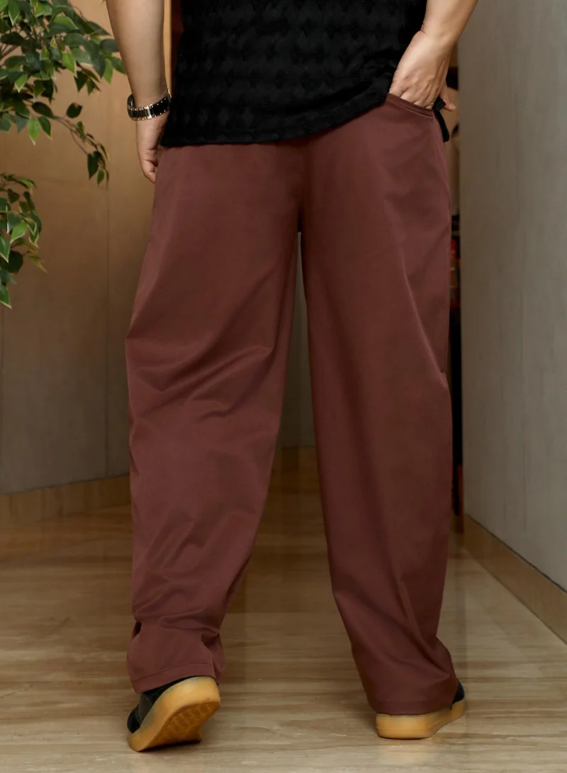 Instafab Plus Instafab Plus Men's Chocolate Brown Single-Pleated Solid Trousers | Mid-Rise , Straight Hem , Button Closure | Solid Plain Polyester Blend Material For Office & Casual Wear