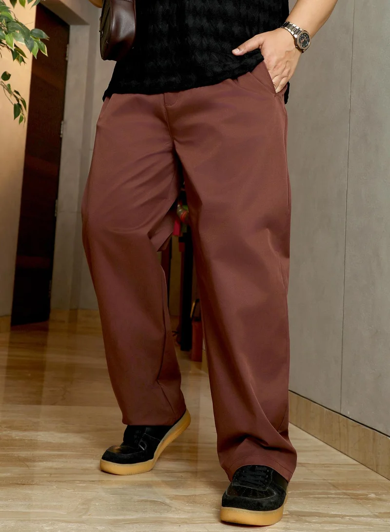 Instafab Plus Instafab Plus Men's Chocolate Brown Single-Pleated Solid Trousers | Mid-Rise , Straight Hem , Button Closure | Solid Plain Polyester Blend Material For Office & Casual Wear