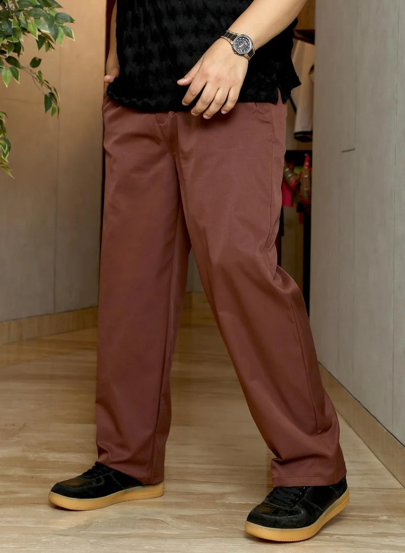 Instafab Plus Instafab Plus Men's Chocolate Brown Single-Pleated Solid Trousers | Mid-Rise , Straight Hem , Button Closure | Solid Plain Polyester Blend Material For Office & Casual Wear