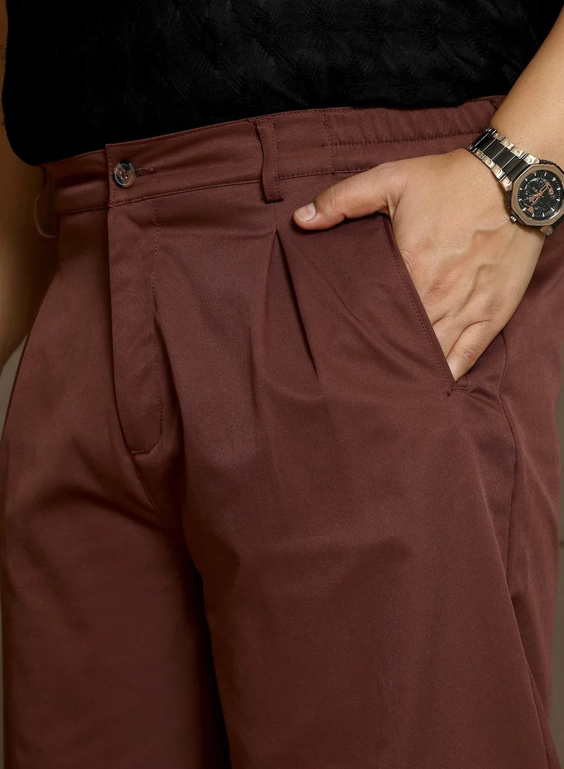 Instafab Plus Instafab Plus Men's Chocolate Brown Single-Pleated Solid Trousers | Mid-Rise , Straight Hem , Button Closure | Solid Plain Polyester Blend Material For Office & Casual Wear