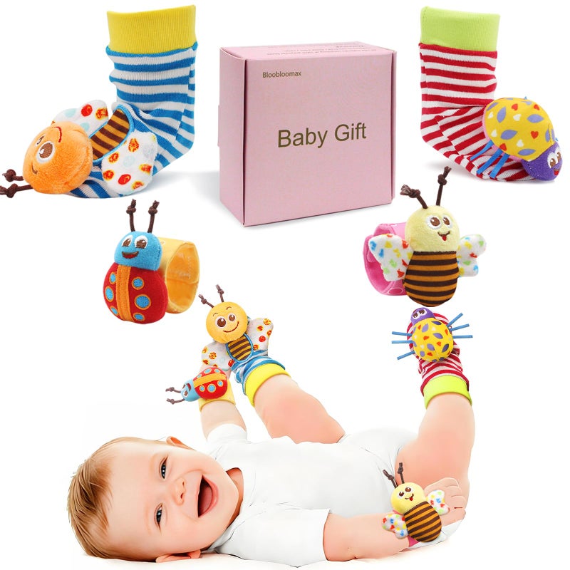 Bloobloomax Baby Wrist Rattle Socks and Foot Finder Set for 0-24 Month, Infant Girl Boy Toys Newborn Hand & Foot Toys for 0 to 24 Months, Baby Shower Gifts Set with Wrist Rattle Socks (Pink Gift Box) - Image 1