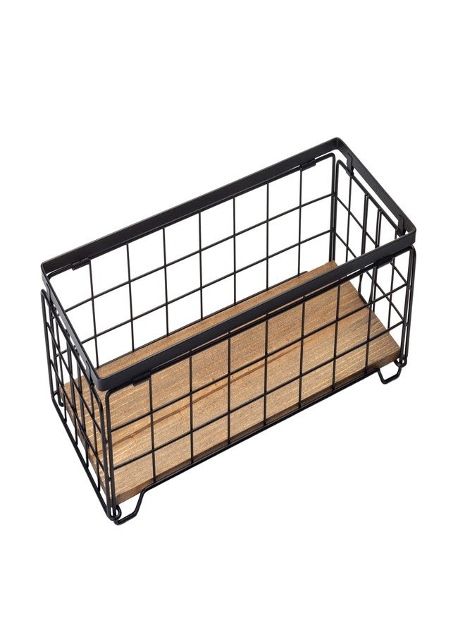 TIEYIPIN Metal Wire Storage Basket, Toilet Paper Roll Holder Wood Base Countertop Decor Box Toilet Tank Shelf Cabinet Organizer for Bathroom Pantry Garage Bedroom Livingroom - Black - Image 1
